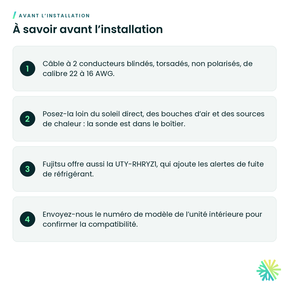 À savoir avant l’installation – Télécommande simple 2 fils sans sélection du mode Fujitsu – UTY-RHRY
