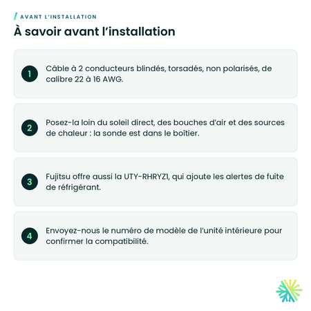 À savoir avant l’installation – Télécommande simple 2 fils sans sélection du mode Fujitsu – UTY-RHRY