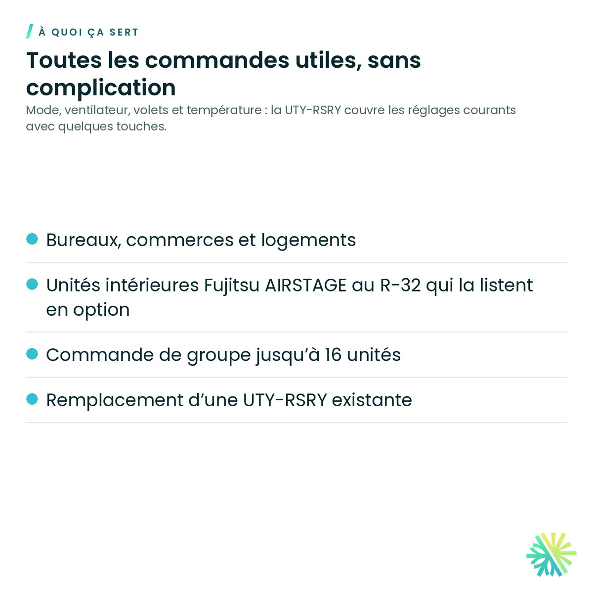 À quoi ça sert – Télécommande simple 2 fils avec sélection du mode Fujitsu – UTY-RSRY
