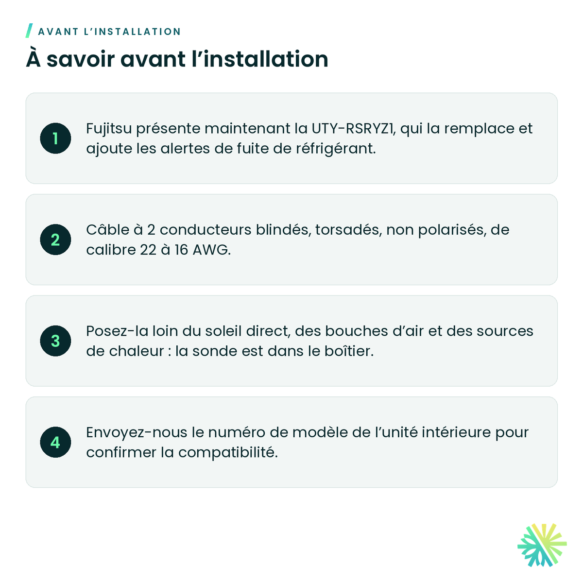 À savoir avant l’installation – Télécommande simple 2 fils avec sélection du mode Fujitsu – UTY-RSRY