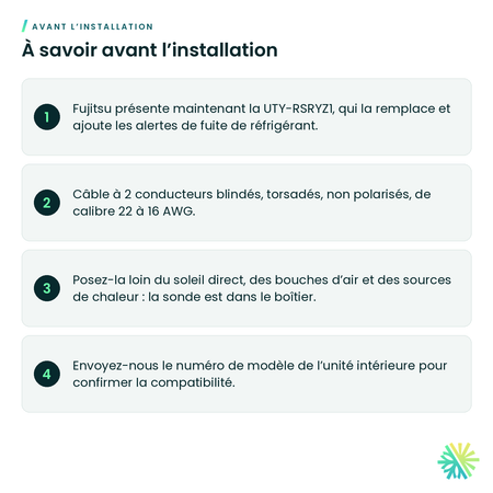 À savoir avant l’installation – Télécommande simple 2 fils avec sélection du mode Fujitsu – UTY-RSRY