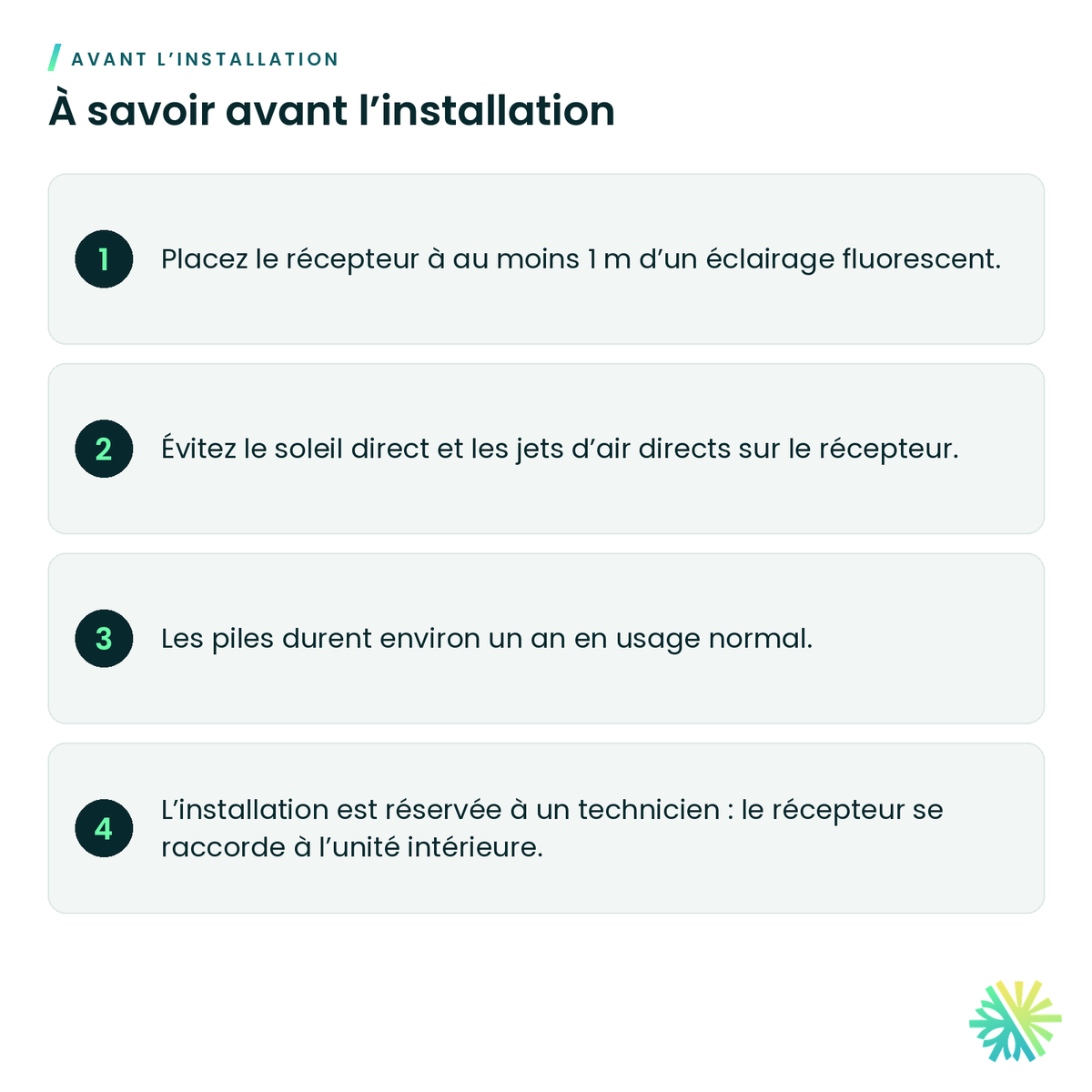 À savoir avant l’installation – Ensemble récepteur IR avec télécommande sans fil (gainable et souffleur) Fujitsu – UTY-LBTUM