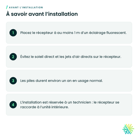 À savoir avant l’installation – Ensemble récepteur IR avec télécommande sans fil (gainable et souffleur) Fujitsu – UTY-LBTUM