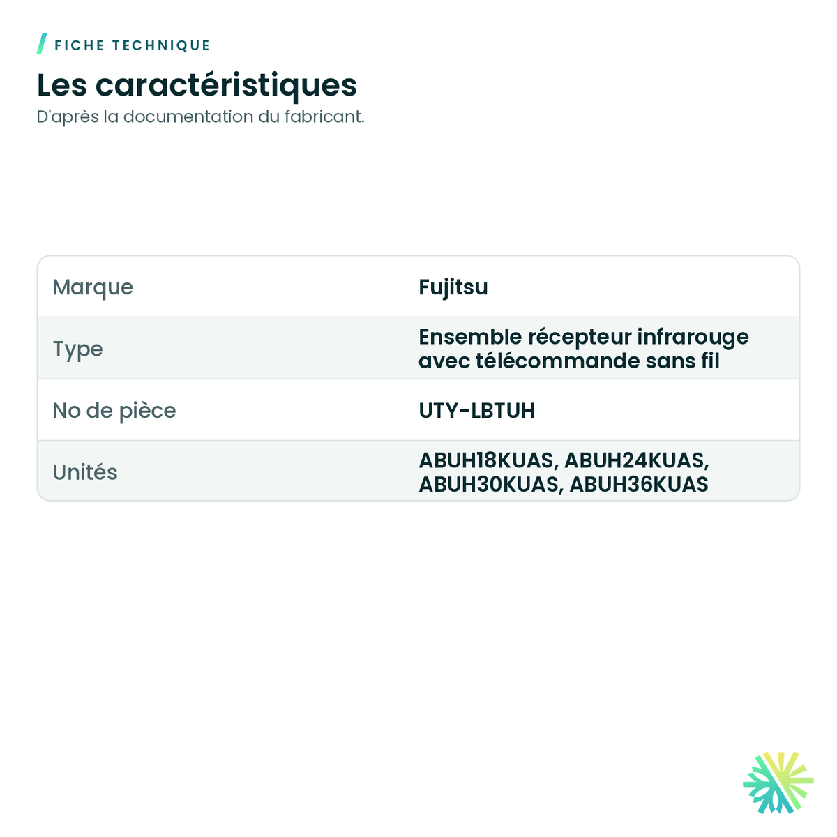 Fiche technique – Ensemble récepteur IR avec télécommande sans fil (unité suspendue au plafond) Fujitsu – UTY-LBTUH