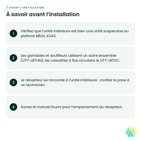 À savoir avant l’installation – Ensemble récepteur IR avec télécommande sans fil (unité suspendue au plafond) Fujitsu – UTY-LBTUH