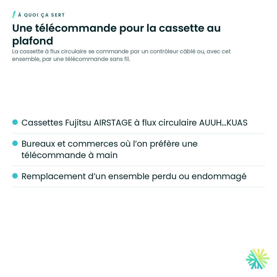 À quoi ça sert – Ensemble récepteur IR avec télécommande sans fil (cassette à flux circulaire) Fujitsu – UTY-LBTUC