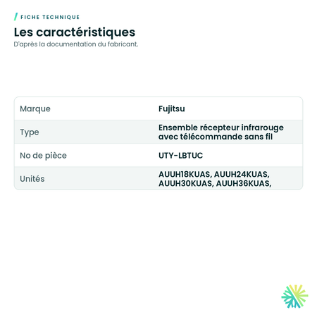 Fiche technique – Ensemble récepteur IR avec télécommande sans fil (cassette à flux circulaire) Fujitsu – UTY-LBTUC