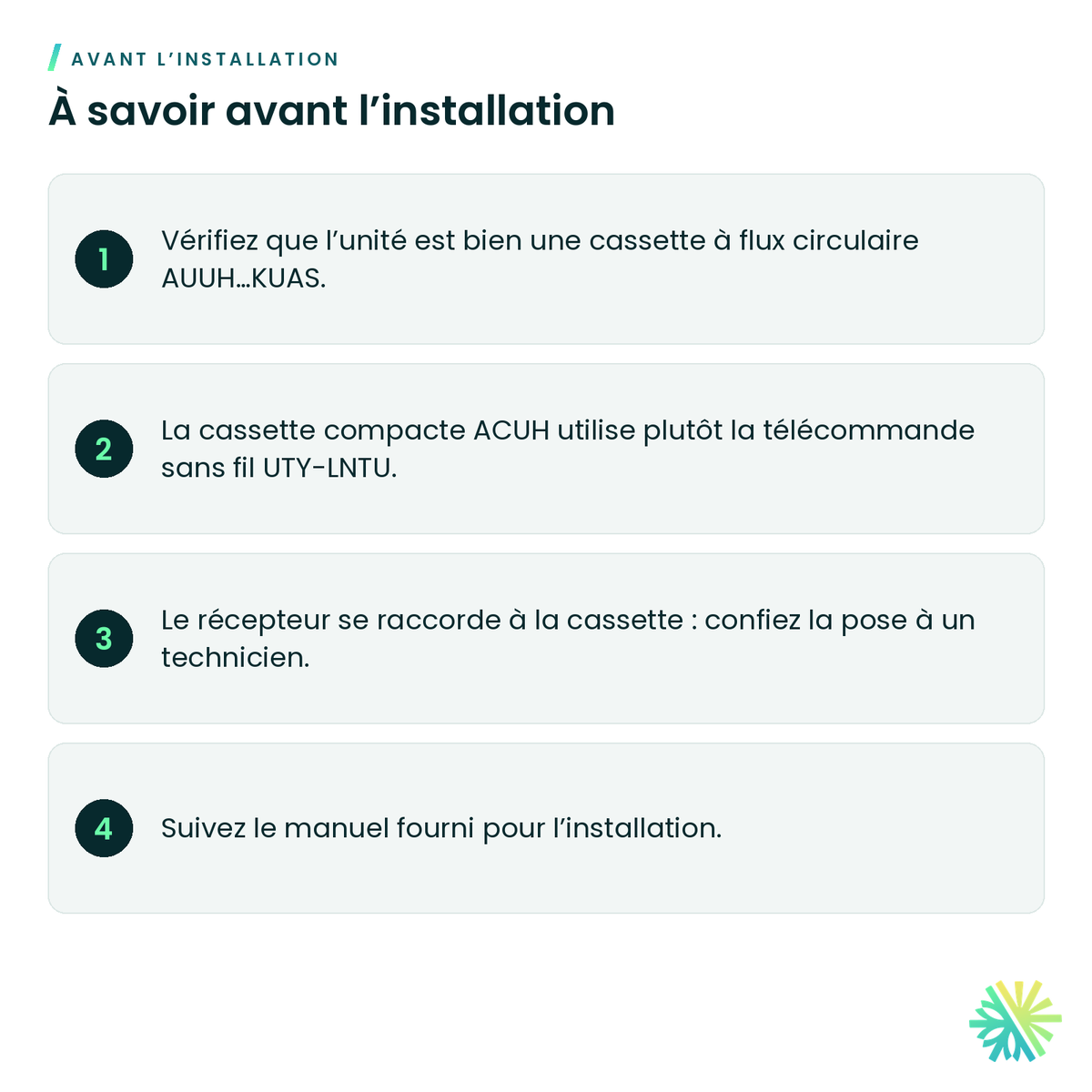 À savoir avant l’installation – Ensemble récepteur IR avec télécommande sans fil (cassette à flux circulaire) Fujitsu – UTY-LBTUC