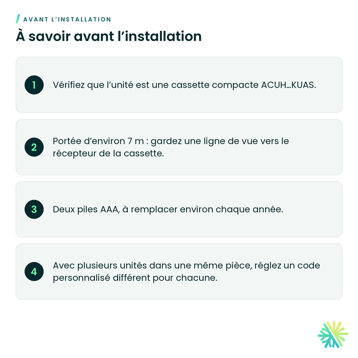À savoir avant l’installation – Télécommande sans fil pour cassette compacte Fujitsu – UTY-LNTU