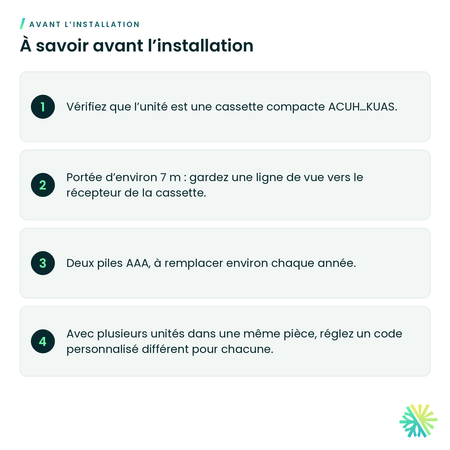À savoir avant l’installation – Télécommande sans fil pour cassette compacte Fujitsu – UTY-LNTU