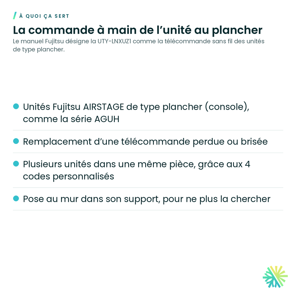 À quoi ça sert – Télécommande sans fil pour unité au plancher Fujitsu – UTY-LNXUZ1