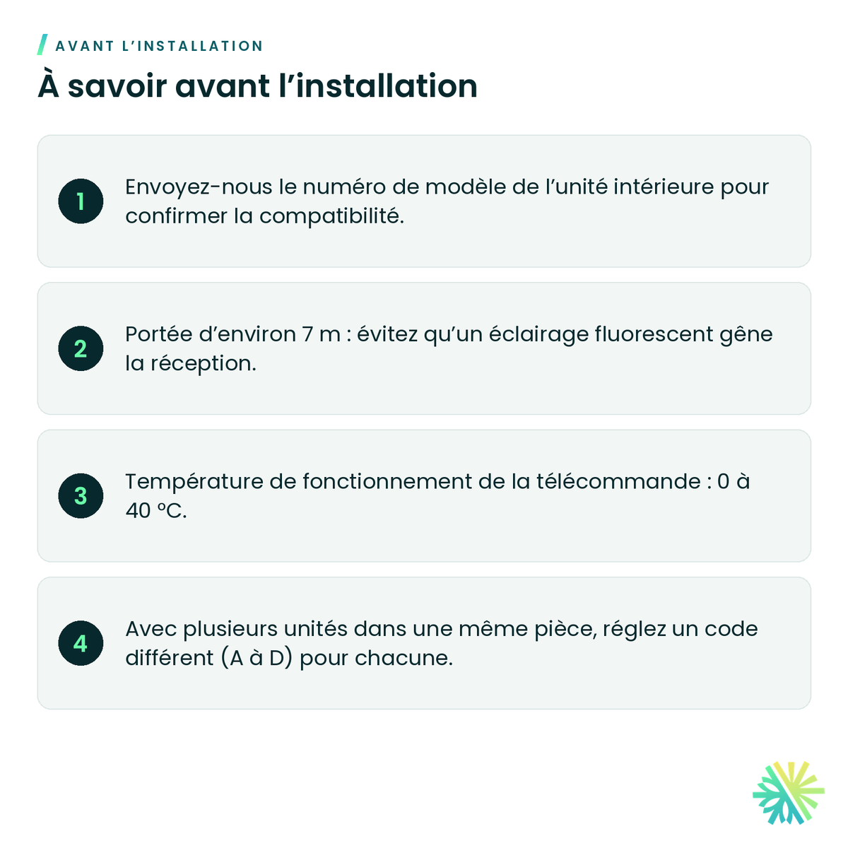 À savoir avant l’installation – Télécommande sans fil pour unité au plancher Fujitsu – UTY-LNXUZ1