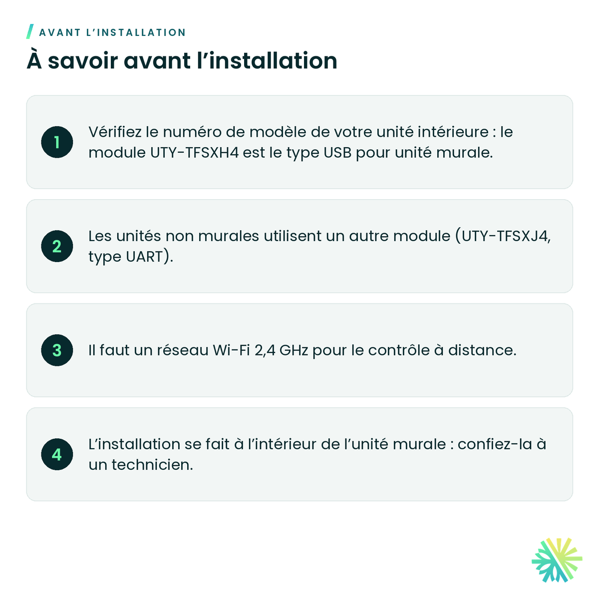 À savoir avant l’installation – Module Wi-Fi Fujitsu UTY-TFSXH4 pour unité murale (USB)