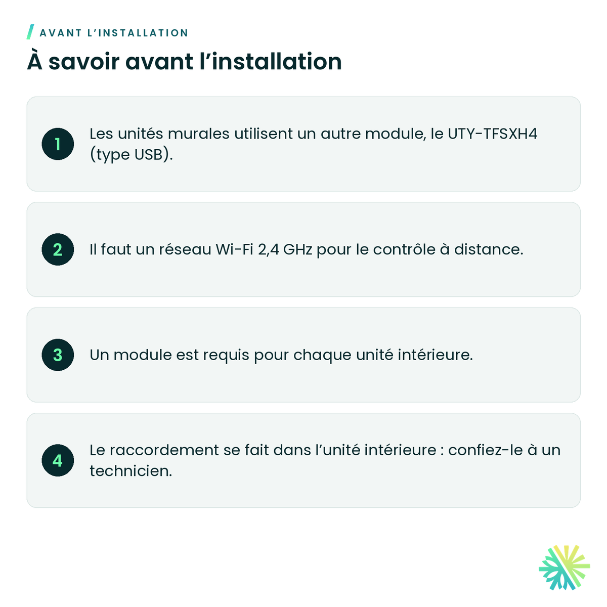 À savoir avant l’installation – Module Wi-Fi Fujitsu UTY-TFSXJ4 pour unité non murale (UART)