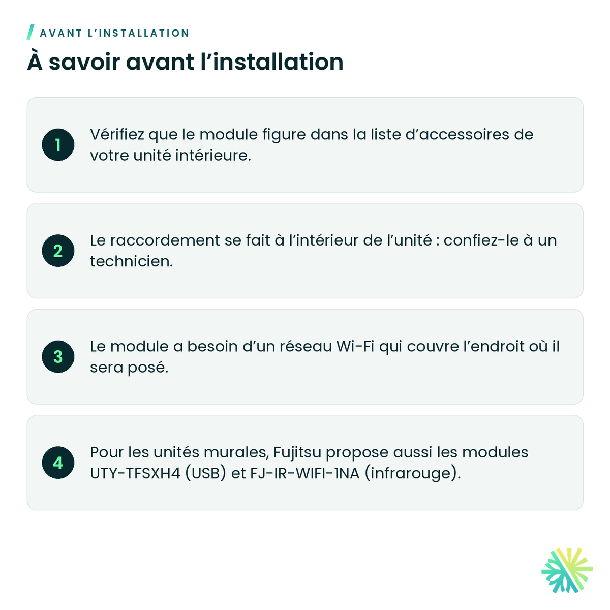 À savoir avant l’installation – Module Wi-Fi câblé Fujitsu FJ-AC-WIFI-1 (Intesis)