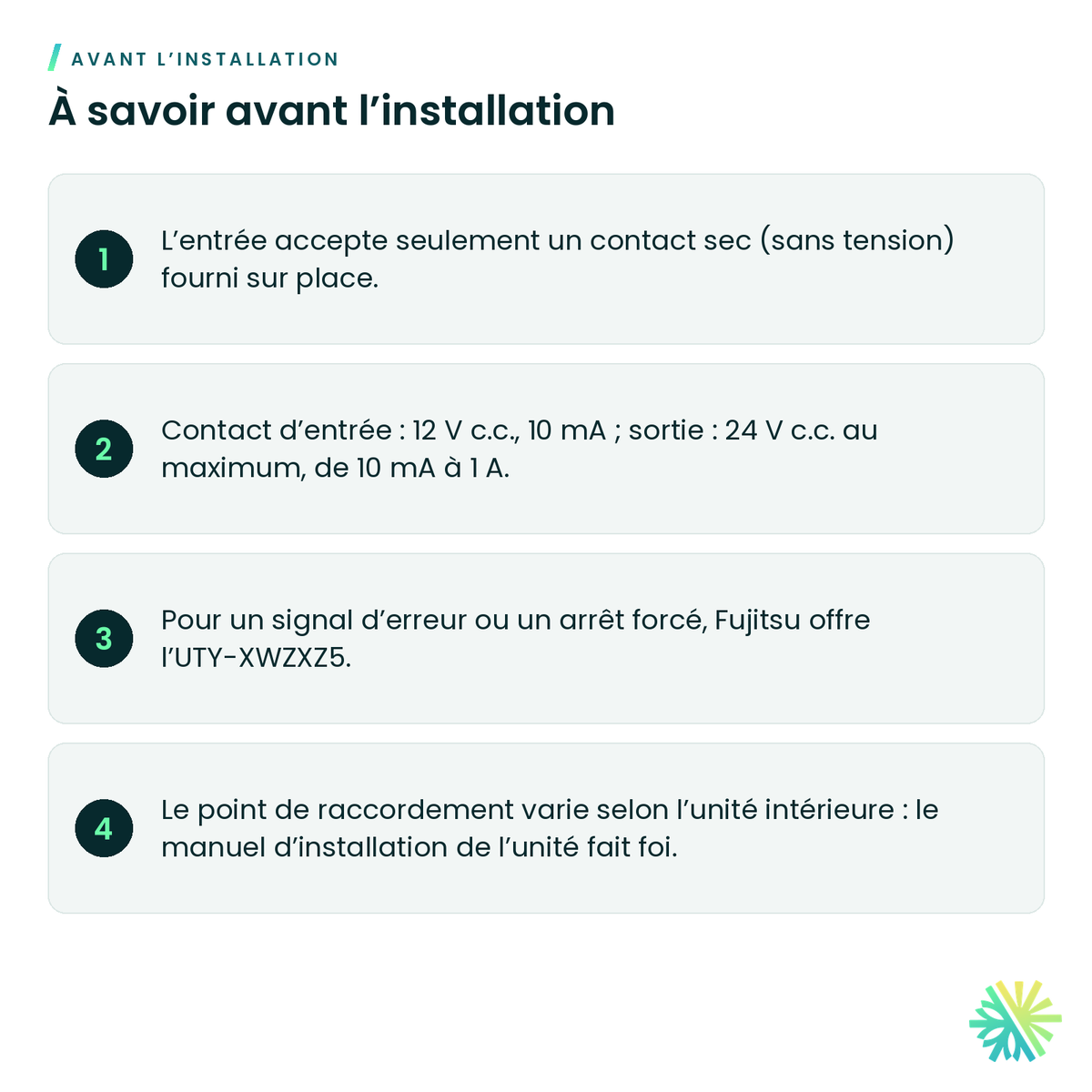 À savoir avant l’installation – Ensemble de contact sec Fujitsu UTY-XWZX (marche/arrêt et état de marche)