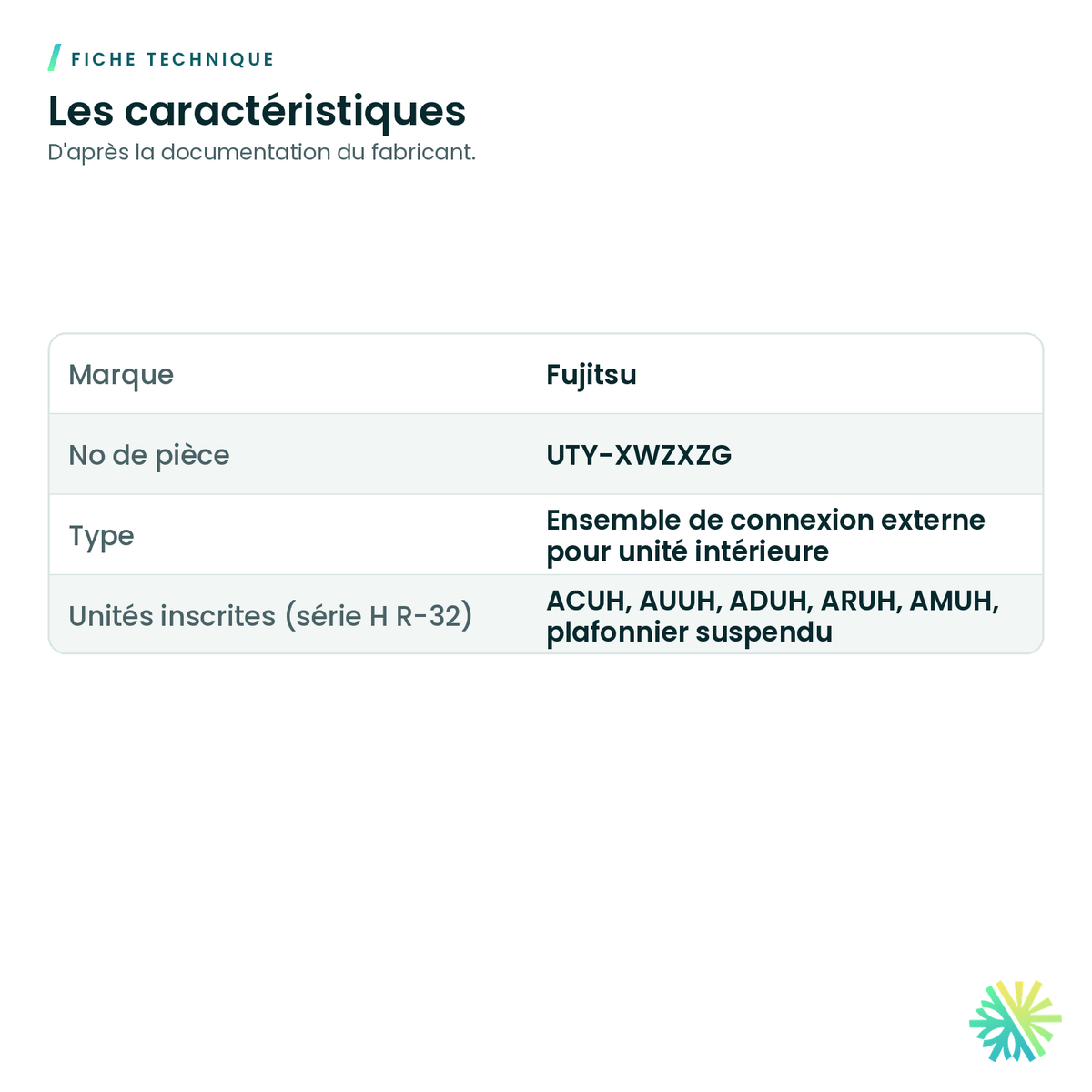 Fiche technique – Ensemble de connexion externe Fujitsu UTY-XWZXZG pour cassettes et unités à conduits
