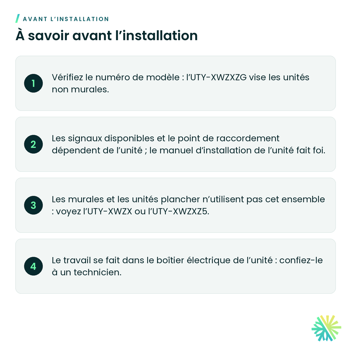 À savoir avant l’installation – Ensemble de connexion externe Fujitsu UTY-XWZXZG pour cassettes et unités à conduits