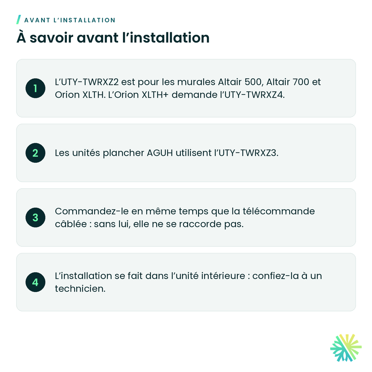 À savoir avant l’installation – Ensemble de communication Fujitsu UTY-TWRXZ2 pour unité murale
