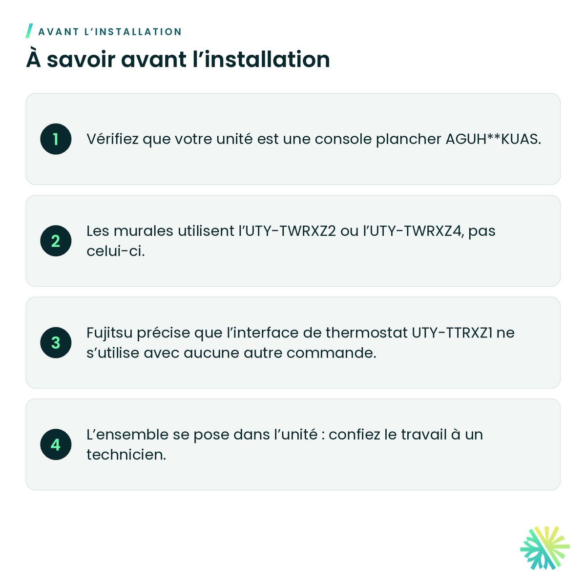 À savoir avant l’installation – Ensemble de communication Fujitsu UTY-TWRXZ3 pour unité plancher