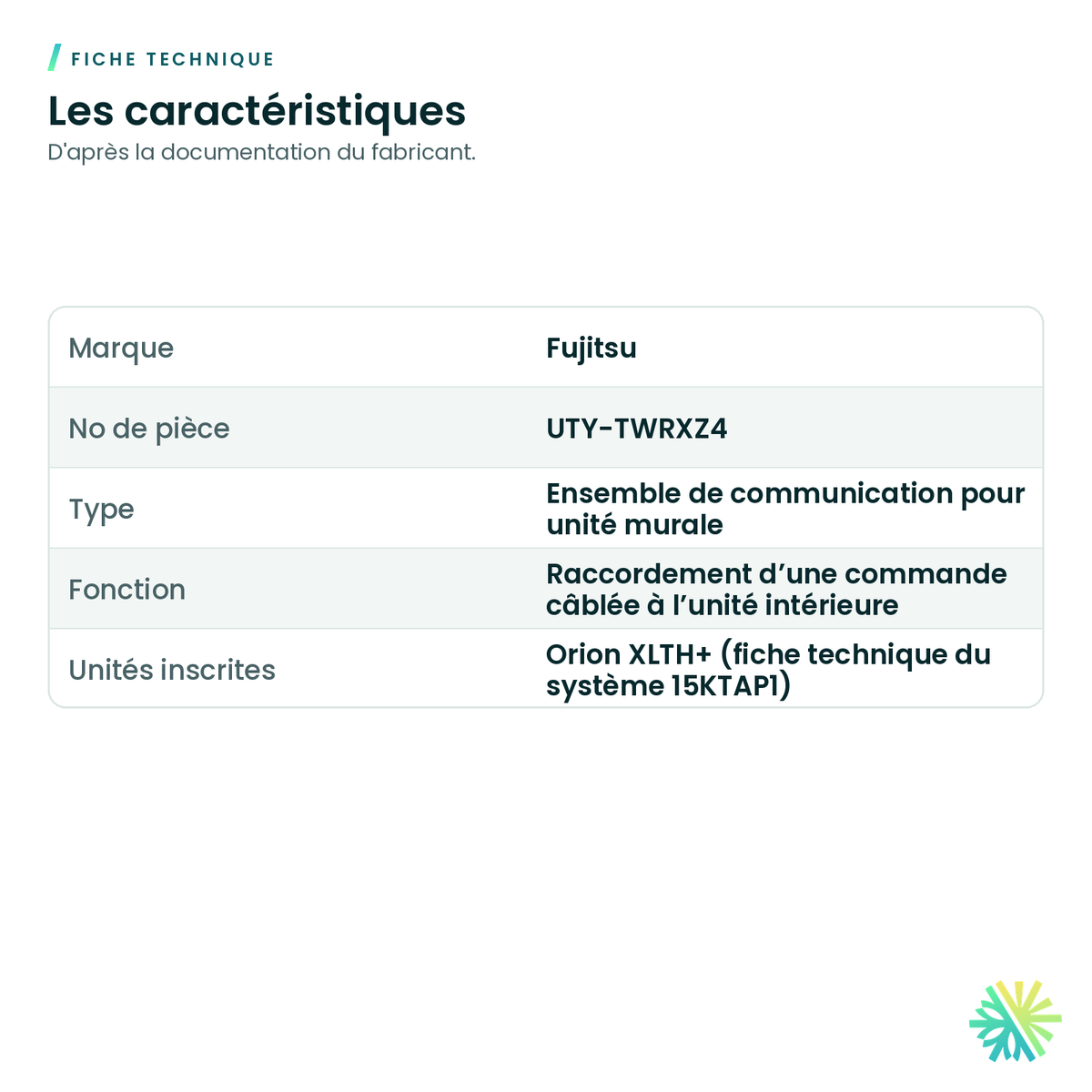 Fiche technique – Ensemble de communication Fujitsu UTY-TWRXZ4 pour murale Orion XLTH+