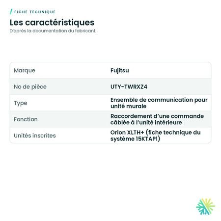 Fiche technique – Ensemble de communication Fujitsu UTY-TWRXZ4 pour murale Orion XLTH+