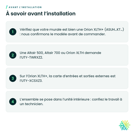 À savoir avant l’installation – Ensemble de communication Fujitsu UTY-TWRXZ4 pour murale Orion XLTH+