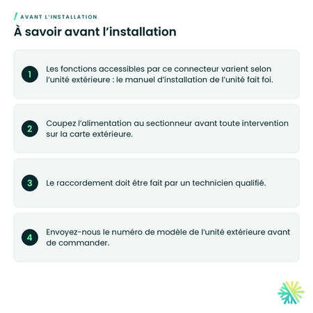 À savoir avant l’installation – Connecteur d’entrée/sortie pour unité extérieure Fujitsu – UTY-XWZXZ3