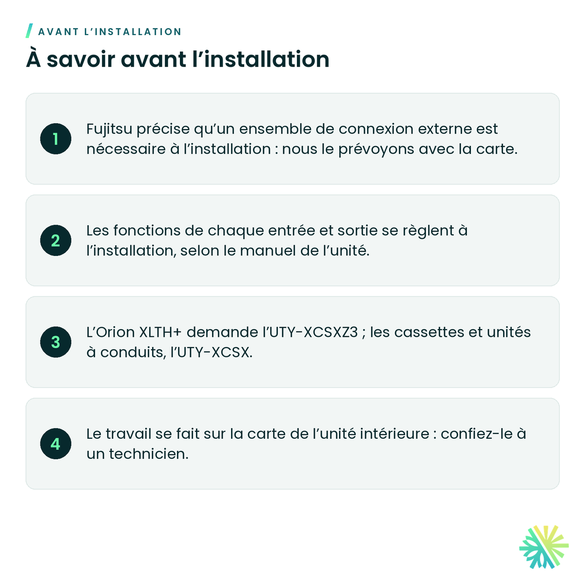 À savoir avant l’installation – Carte d’entrées et sorties externes Fujitsu UTY-XCSXZ2 pour unité murale