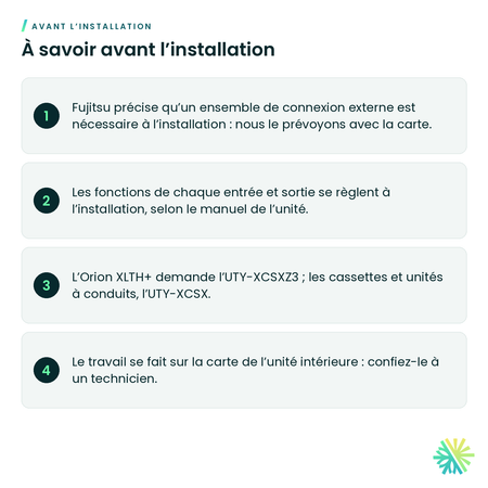 À savoir avant l’installation – Carte d’entrées et sorties externes Fujitsu UTY-XCSXZ2 pour unité murale