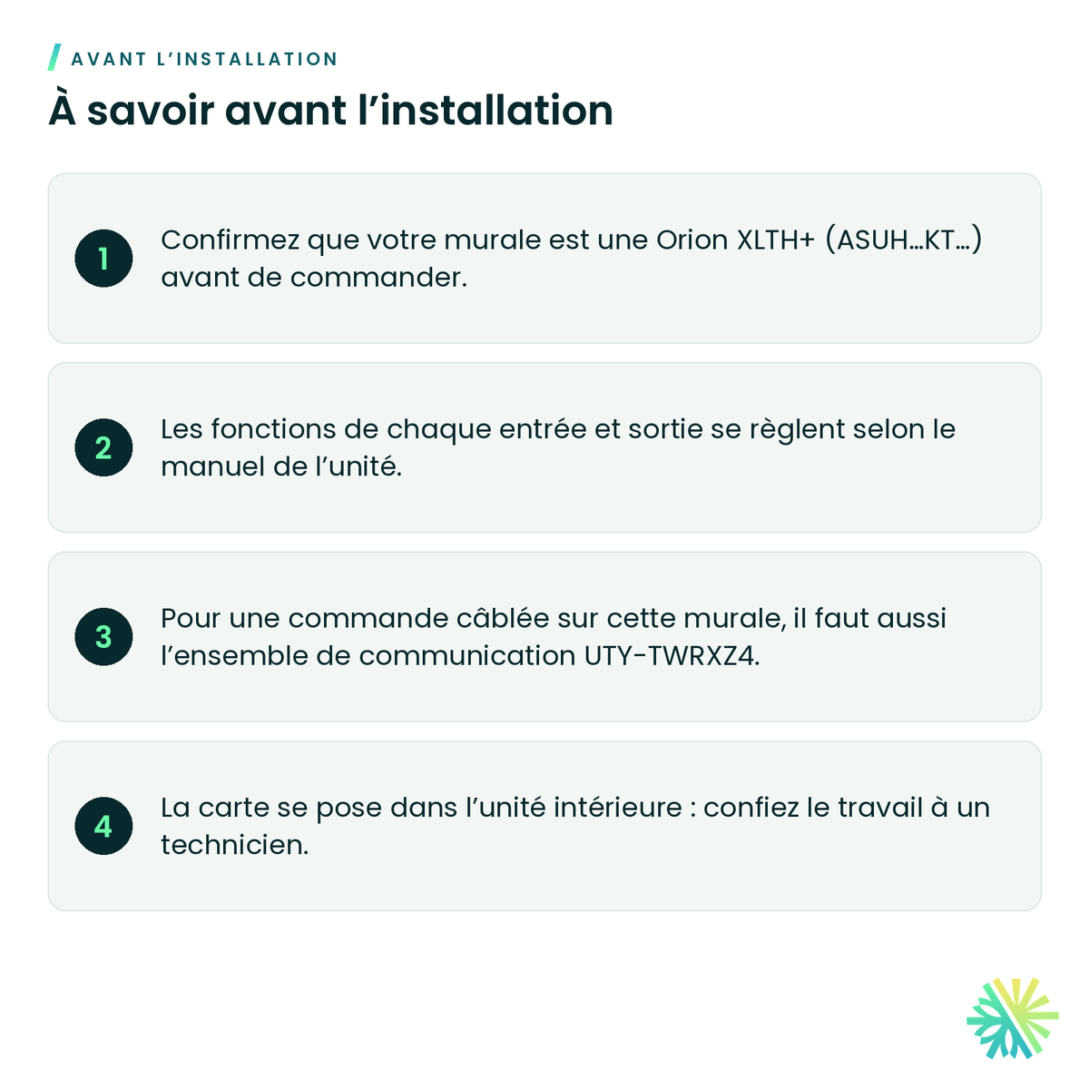 À savoir avant l’installation – Carte d’entrées et sorties externes Fujitsu UTY-XCSXZ3 pour murale Orion XLTH+