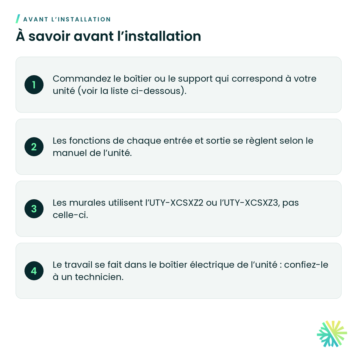 À savoir avant l’installation – Carte d’entrées et sorties externes Fujitsu UTY-XCSX pour cassettes et unités à conduits