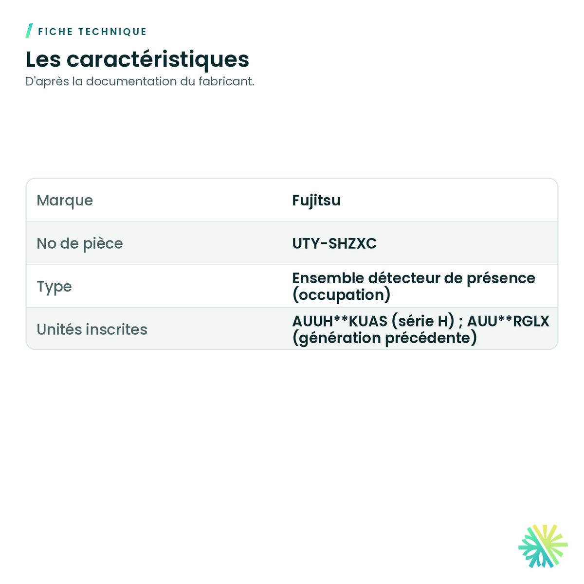 Fiche technique – Ensemble détecteur de présence Fujitsu UTY-SHZXC pour cassette à flux circulaire