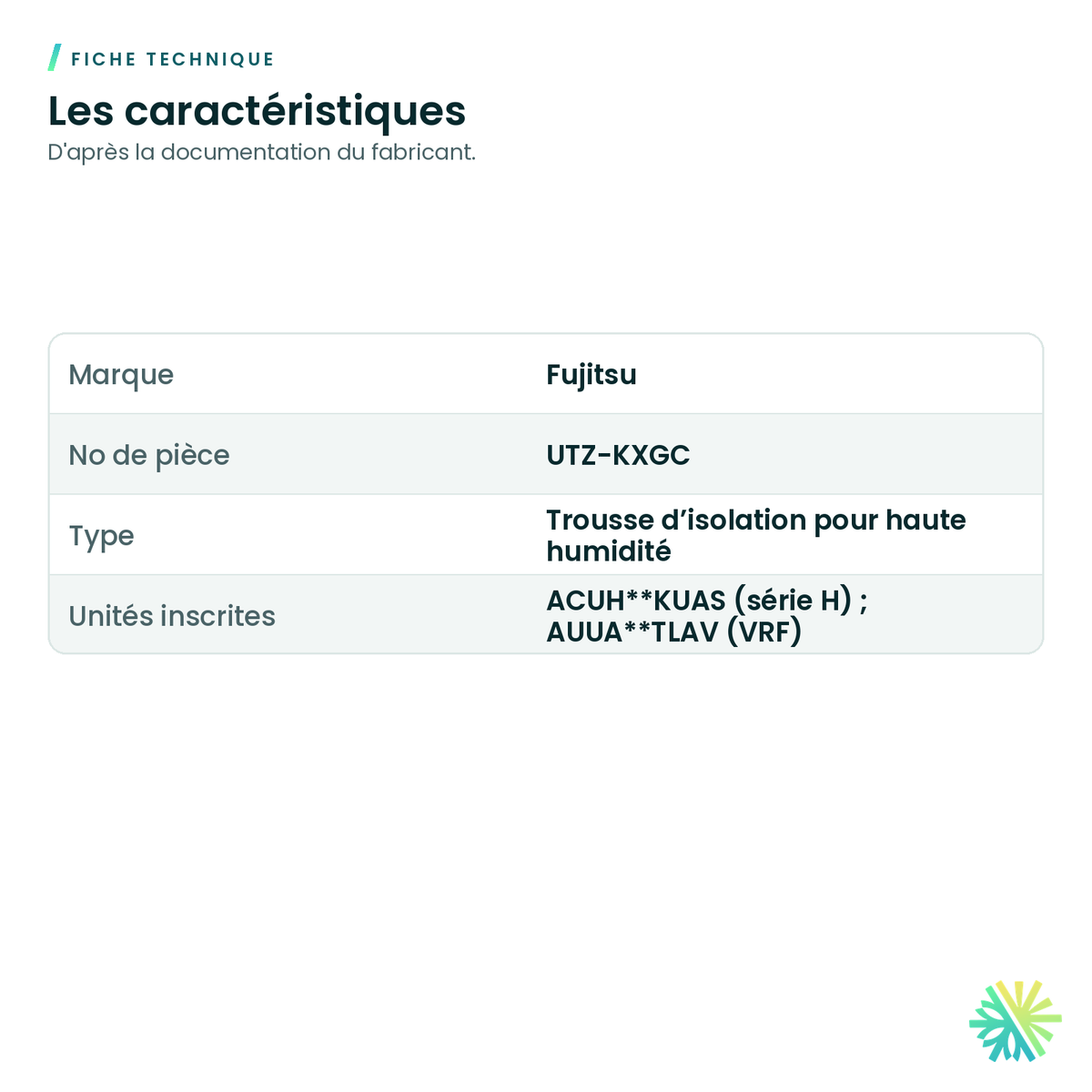 Fiche technique – Trousse d’isolation haute humidité Fujitsu UTZ-KXGC pour cassette compacte