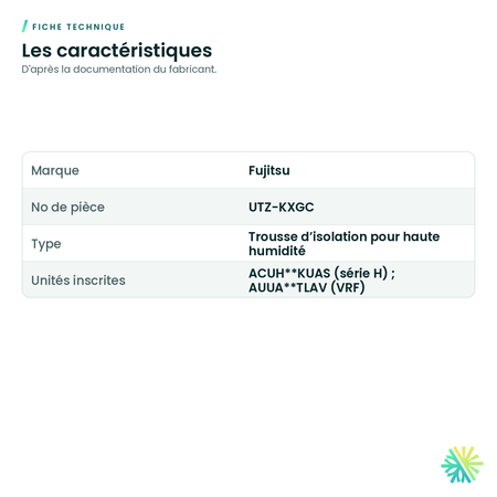 Fiche technique – Trousse d’isolation haute humidité Fujitsu UTZ-KXGC pour cassette compacte
