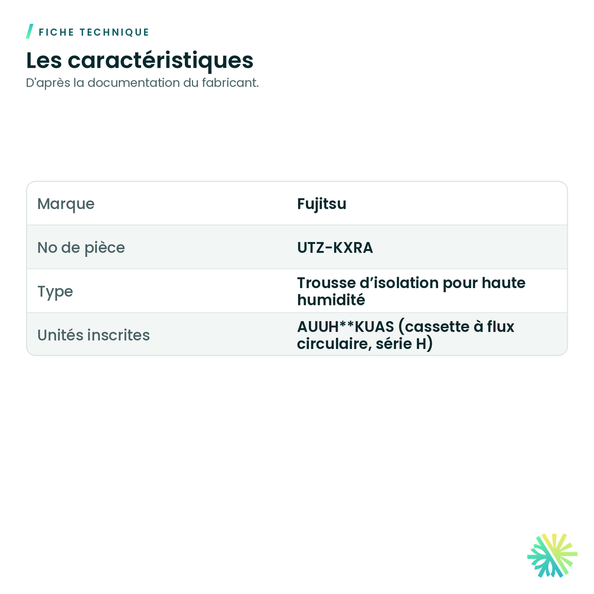Fiche technique – Trousse d’isolation haute humidité Fujitsu UTZ-KXRA pour cassette à flux circulaire