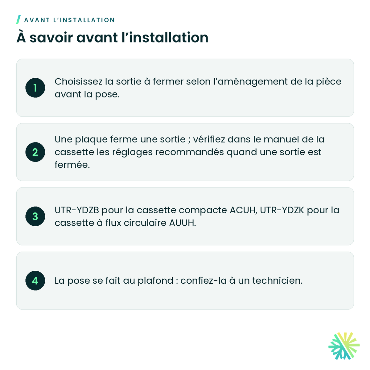 À savoir avant l’installation – Volet de sortie d’air Fujitsu UTR-YDZB pour cassette compacte