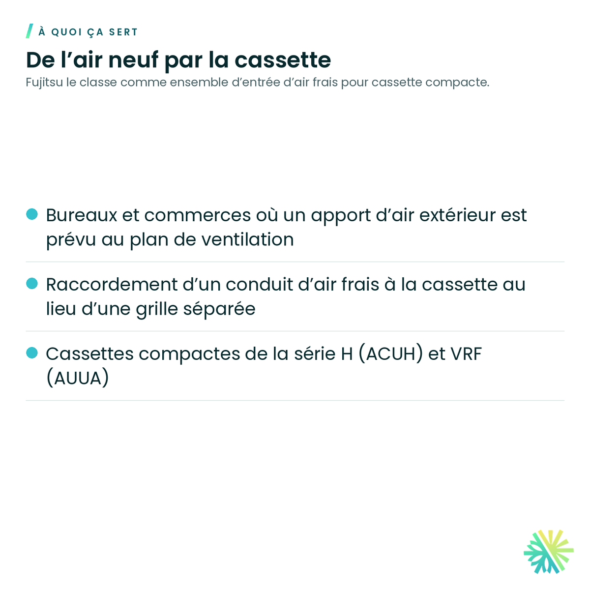 À quoi ça sert – Ensemble d’entrée d’air frais Fujitsu UTZ-VXAA pour cassette compacte
