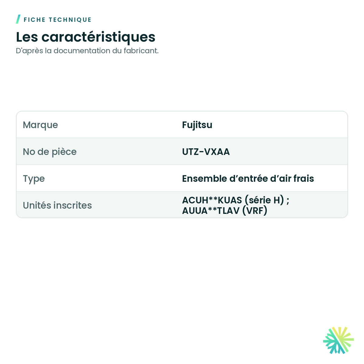 Fiche technique – Ensemble d’entrée d’air frais Fujitsu UTZ-VXAA pour cassette compacte