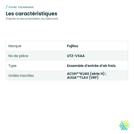 Fiche technique – Ensemble d’entrée d’air frais Fujitsu UTZ-VXAA pour cassette compacte