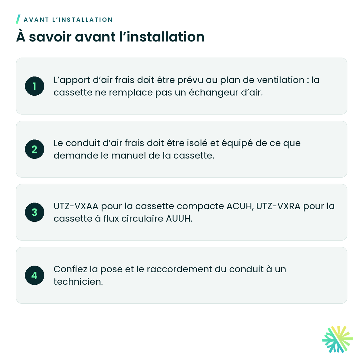 À savoir avant l’installation – Ensemble d’entrée d’air frais Fujitsu UTZ-VXAA pour cassette compacte
