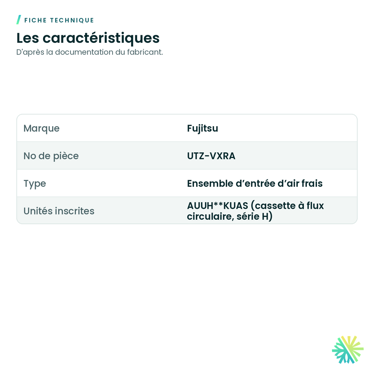 Fiche technique – Ensemble d’entrée d’air frais Fujitsu UTZ-VXRA pour cassette à flux circulaire