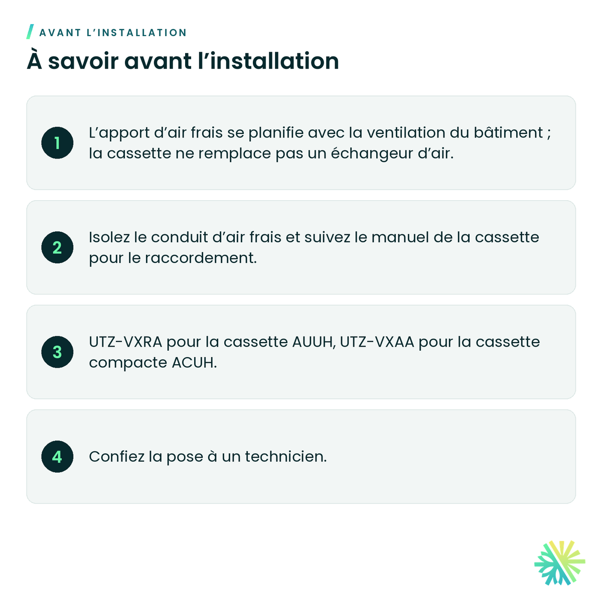 À savoir avant l’installation – Ensemble d’entrée d’air frais Fujitsu UTZ-VXRA pour cassette à flux circulaire