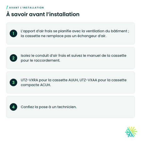 À savoir avant l’installation – Ensemble d’entrée d’air frais Fujitsu UTZ-VXRA pour cassette à flux circulaire