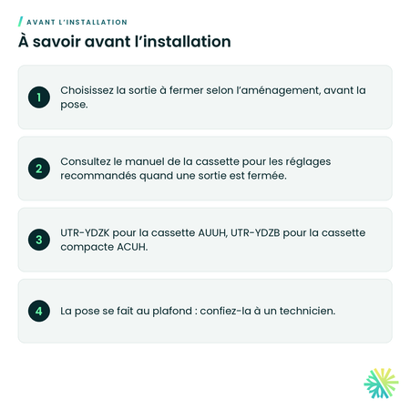 À savoir avant l’installation – Volet de sortie d’air Fujitsu UTR-YDZK pour cassette à flux circulaire