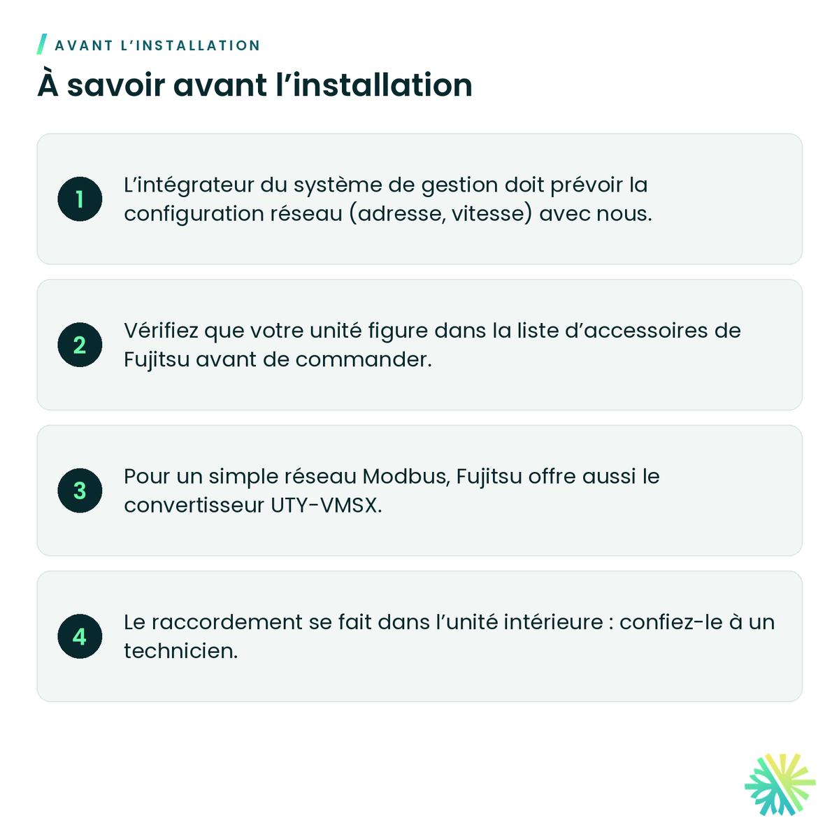À savoir avant l’installation – Module BACnet MS/TP Fujitsu FJ-AC-485-1 (passerelle Intesis)