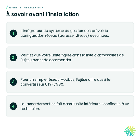 À savoir avant l’installation – Module BACnet MS/TP Fujitsu FJ-AC-485-1 (passerelle Intesis)