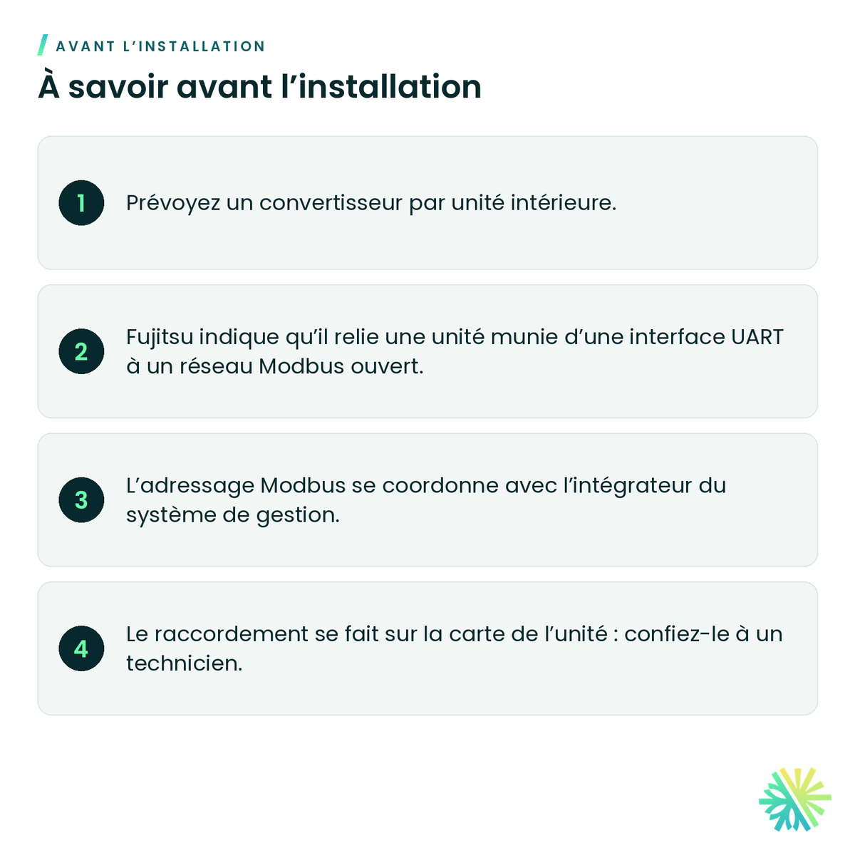 À savoir avant l’installation – Convertisseur Modbus Fujitsu UTY-VMSX