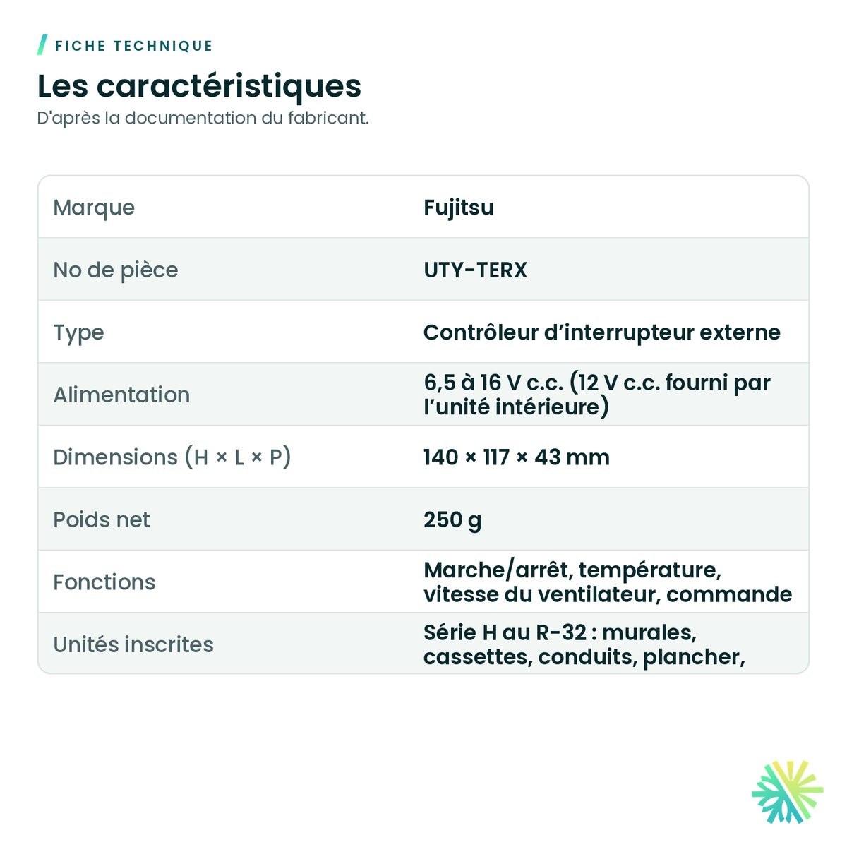 Fiche technique – Contrôleur d’interrupteur externe Fujitsu UTY-TERX