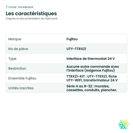 Fiche technique – Interface de thermostat 24 V Fujitsu – UTY-TTRXZ1
